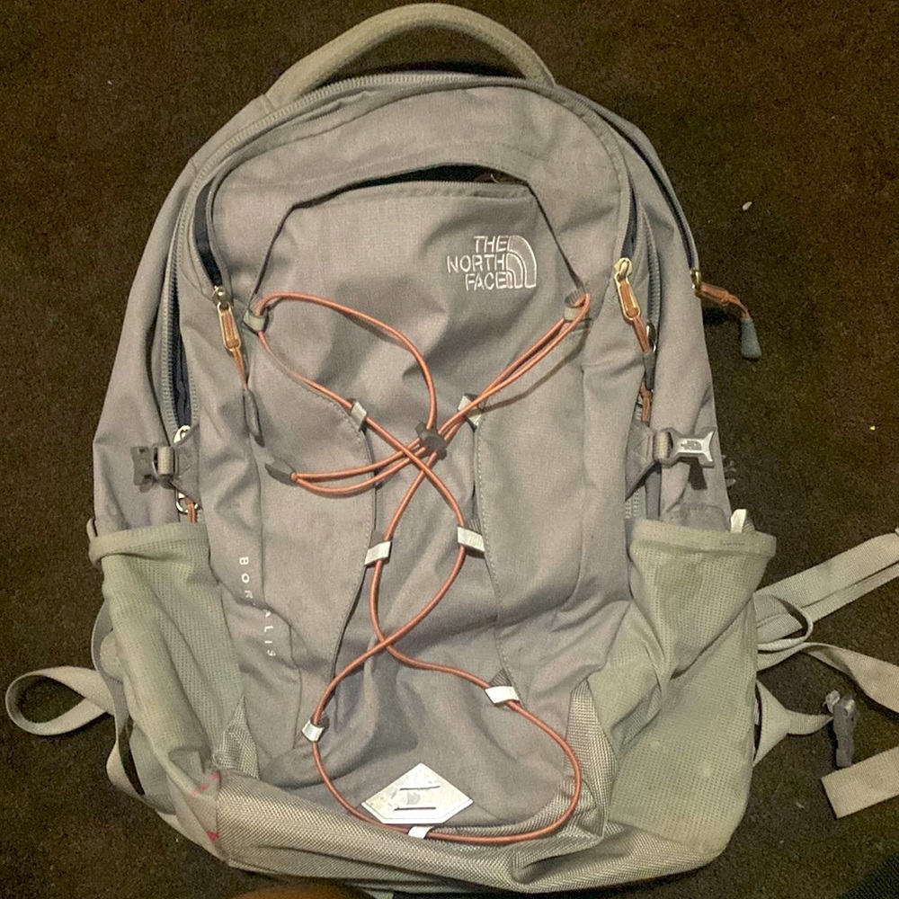 North Face pink and grey backpack